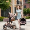Stylowa kobieta z wózkiem dziecięcym 3w1 w kolorze cappuccino oraz nosidełkiem, elegancki design w plenerze miejskim, polska marka Cichoszki