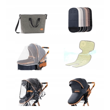 Akcesoria do wózka dziecięcego 3w1 w kolorze cappuccino: torba dla mamy, miękki materacyk, moskitiera, mata chłodząca, folia przeciwdeszczowa oraz osłona na nóżki