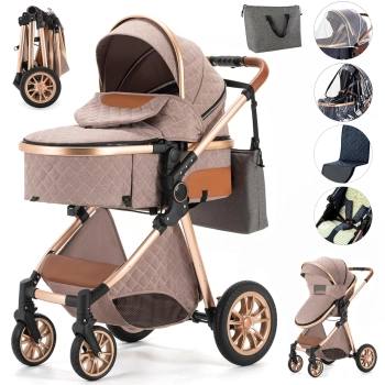 Kompletny zestaw wózka dziecięcego 3w1 w kolorze cappuccino, z gondolą, spacerówką, torbą, moskitierą, folią przeciwdeszczową i matą chłodzącą, elegancki pikowany design, polska marka Cichoszki