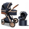 Wózek dziecięcy 3w1 w kolorze Blue, zestaw z gondolą, spacerówką i nosidełkiem, elegancki design z pikowanym wz