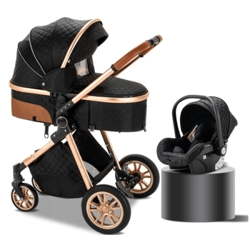 Wózek dziecięcy 3w1 w kolorze black, zestaw z gondolą, spacerówką i nosidełkiem, elegancki design z pikowanym wzor