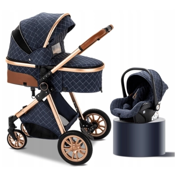 Wózek dziecięcy 3w1 w kolorze Blue, zestaw z gondolą, spacerówką i nosidełkiem, elegancki design z pikowanym wz