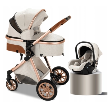 Wózek dziecięcy 3w1 w kolorze Creamy White, zestaw z gondolą, spacerówką i nosidełkiem, elegancki design z pikowanym wzo
