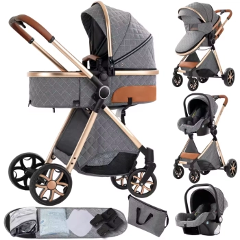 Wózek dziecięcy 3w1 w kolorze Szary, zestaw z gondolą, spacerówką i nosidełkiem, elegancki design z pikowanym wz